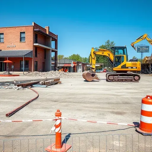 Completed demolition site in Goose Creek SC with cleared lot, debris, machinery, and safety signage under blue sky.