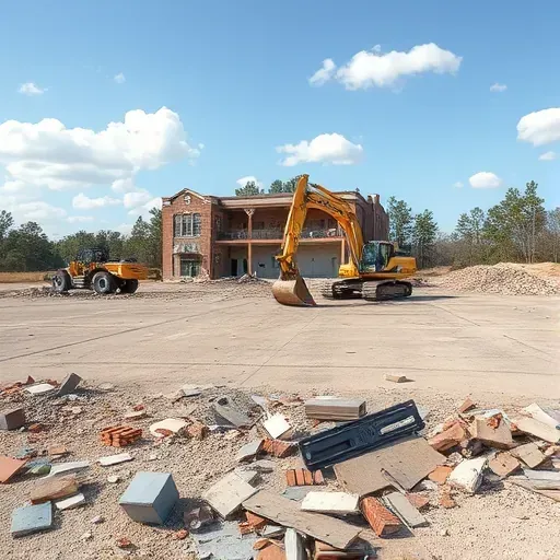 Completed demolition site in St. Andrews SC showcasing cleared land, debris, machinery, and clear skies.