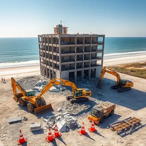 Demolition scene in Myrtle Beach SC with equipment around rubble, coastal backdrop, and scattered debris reflecting efficiency.