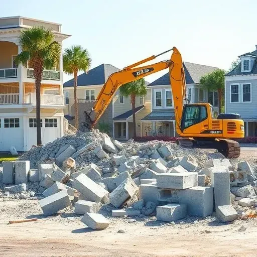 Demolition site in Bluffton SC showcasing clean concrete remnants, heavy machinery, and low-country architecture.