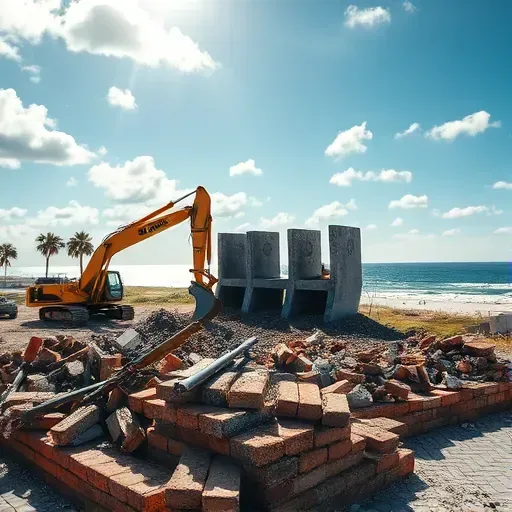 Demolition site in North Myrtle Beach SC, featuring debris, machinery remnants, palm trees, and ocean views.