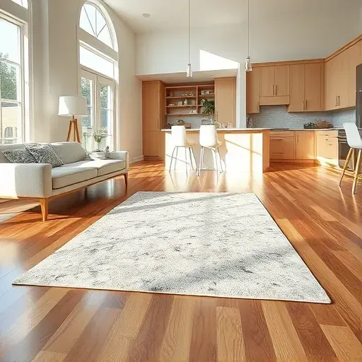 Restored Charleston living room and kitchen with polished hardwood floors, clean drywall, bright natural lighting, and a centered restored rug
