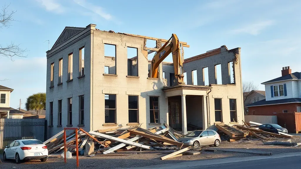 Demolition in Charleston, SC with debris and machinery in the foreground.