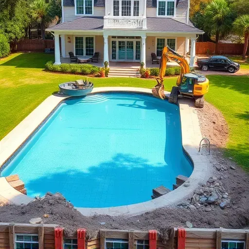 Completed pool demolition site in Charleston with excavator, debris containment, lush backyard, Southern-style home, and natural sunlight.
