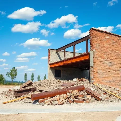 Demolition site in Moncks Corner SC with debris, rusted beams, and cleared land under a bright blue sky.