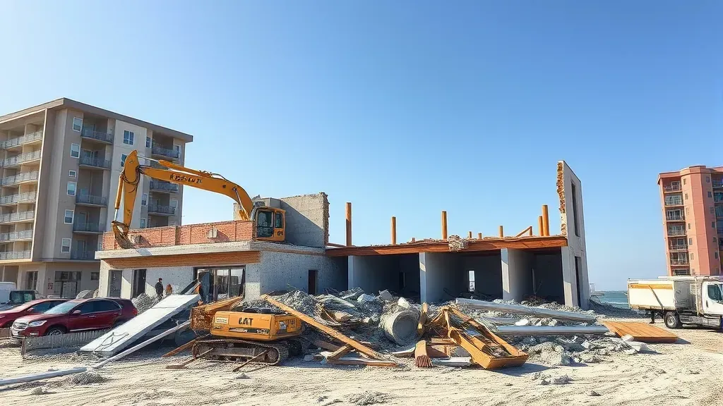 Demolition in North Myrtle Beach SC showcasing machinery and debris at construction site.