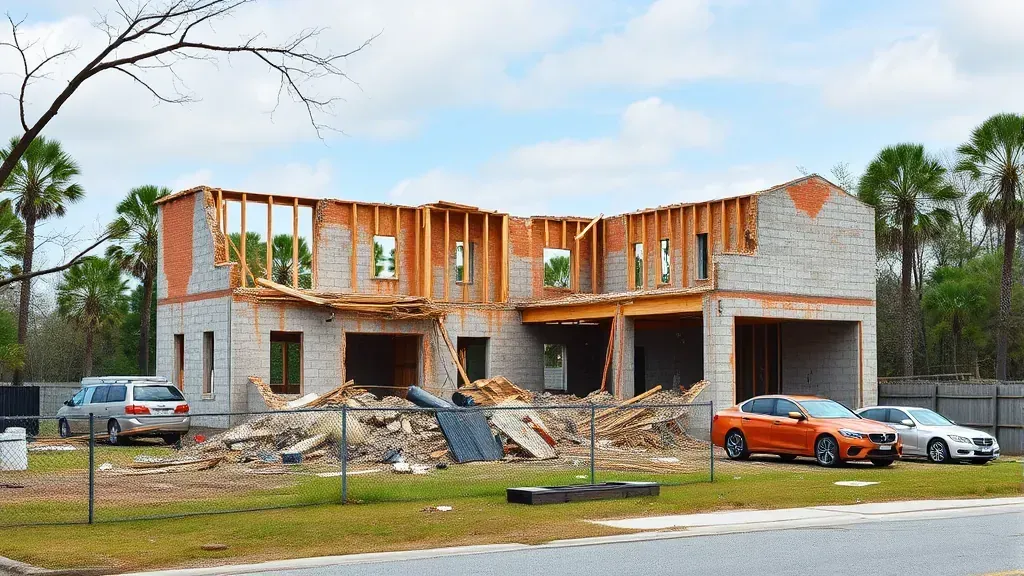 Demolition in North Charleston SC with heavy machinery and debris on site.