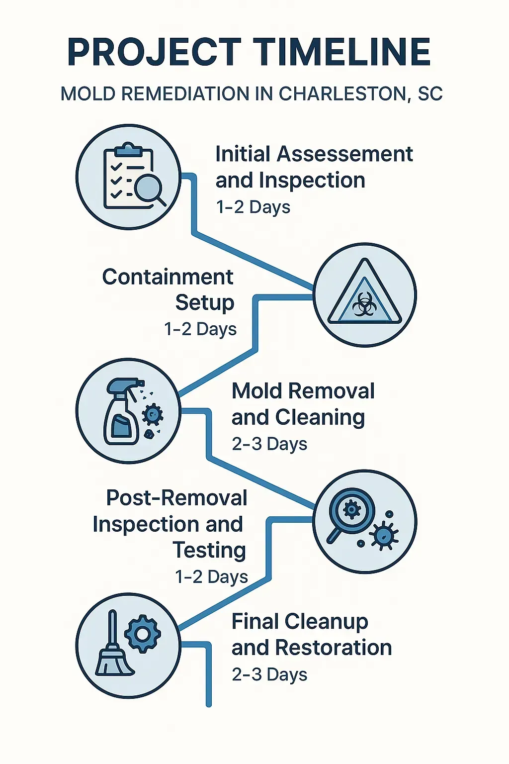 Infographic depicting five-step Mold Remediation timeline for Charleston SC showing assessment, containment, removal, testing, cleanup.