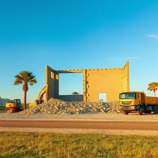 Demolition site in Myrtle Beach SC with debris and heavy machinery under a clear blue sky at sunset.