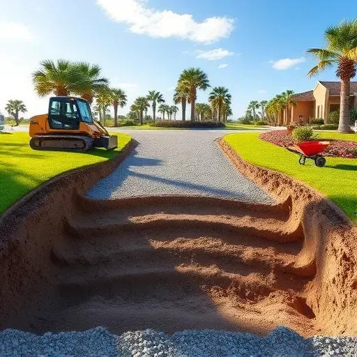 Finished driveway removal in Myrtle Beach SC showing excavated gravel and soil with lush landscaping and construction equipment