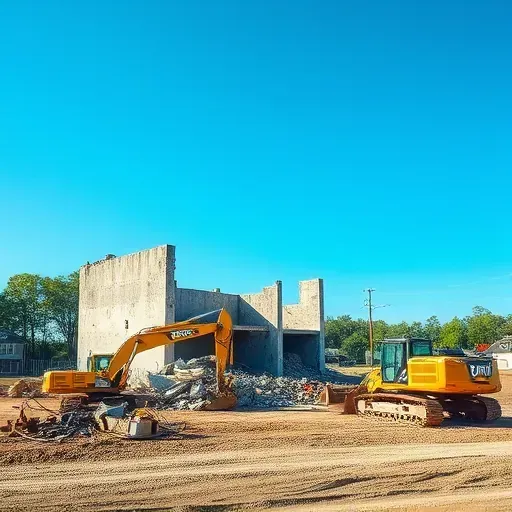 Completed demolition site in Berea SC featuring debris, heavy machinery, and a pristine urban landscape under blue sky.
