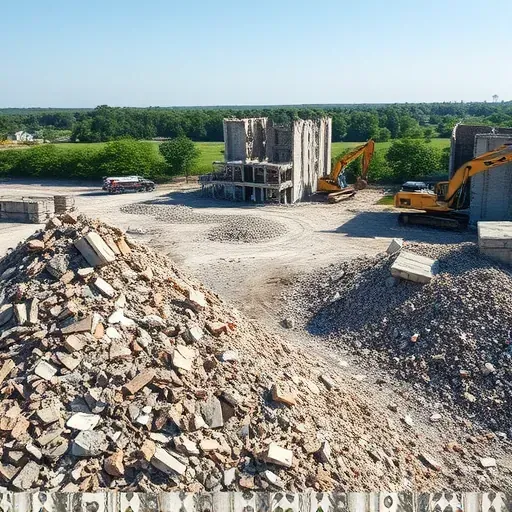 Completed demolition in Bluffton SC shows clean terrain, debris piles, efficiency with machinery, and greenery backdrop.