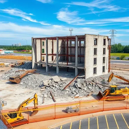 Completed demolition in Greer SC shows debris including concrete slabs and twisted metal, with heavy machinery nearby.