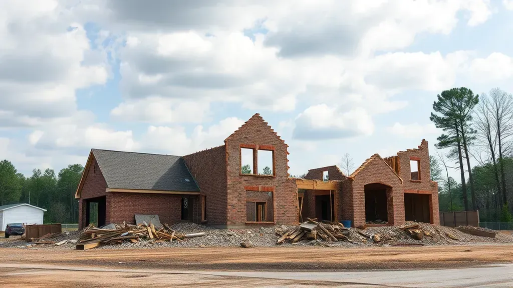Demolition in Aiken, SC, showcasing heavy equipment and debris at the construction site.