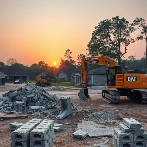 Completed demolition site in Easley, SC, with concrete debris, heavy machinery, and a sunset backdrop.