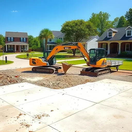 Clean cleared lot in Charleston SC after garage demolition with foundation, construction equipment, and Southern neighborhood