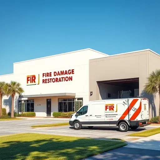 Modern fire damage restoration company facility in Charleston SC with branded truck, landscaped lawn, and Charleston-style architecture.