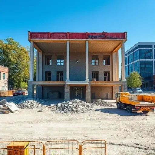 Completed demolition site in Easley SC with organized rubble, trees, and modern buildings under a clear blue sky.