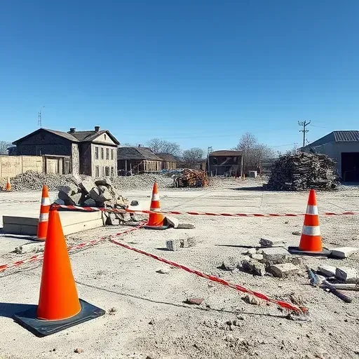 Demolition site in Anderson SC with cleared area, debris, safety cones, blue sky, and recycling materials.