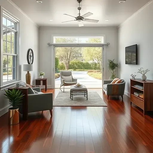Renovated Charleston garage with modern interior, hardwood floors, stylish furniture, natural light, backyard view