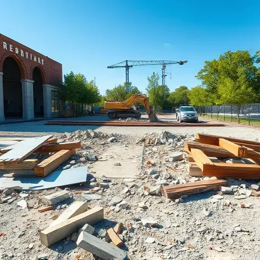 Demolition site in Hanahan SC, featuring crumbled concrete, metal debris, and wooden beams against a clear sky.