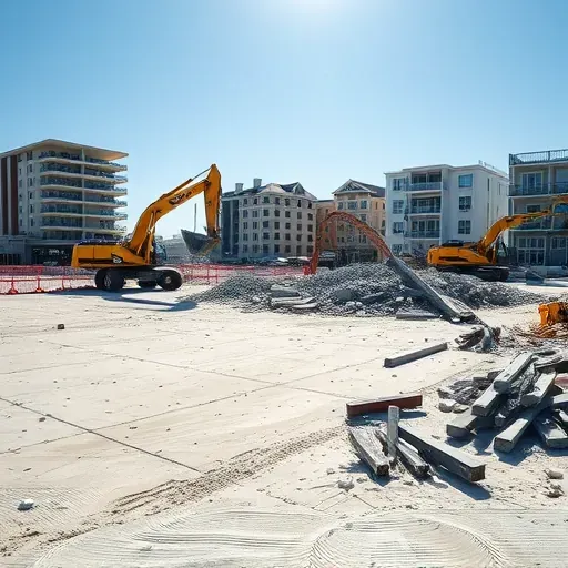 Demolition site in North Myrtle Beach SC with organized debris heavy machinery and coastal buildings in background.