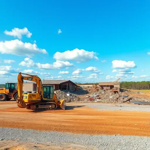 Demolition site in Sumter SC showing organized debris, machinery, and a clear sky, symbolizing future development.