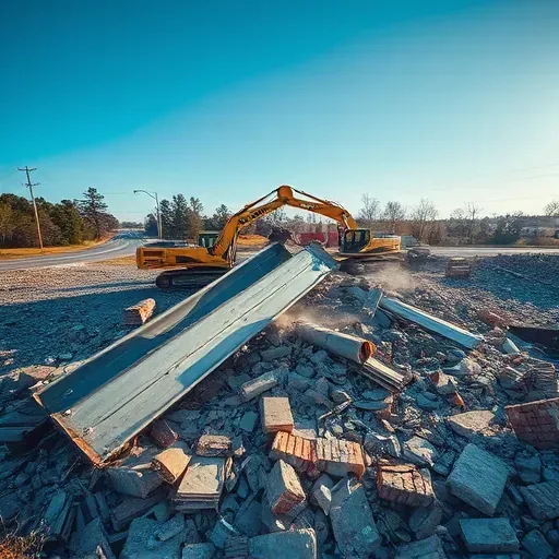 Demolition aftermath in Socastee SC showcasing debris metal beams concrete and construction equipment under blue sky.