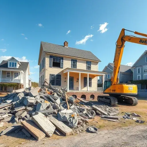 Demolished house site in Charleston SC with debris, excavator, blue sky, and nearby intact homes showcasing community contrast.