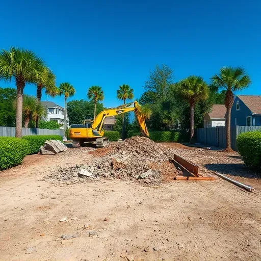 Demolition site in Mount Pleasant SC with cleared ground, scattered rubble, heavy machinery, and lush greenery.