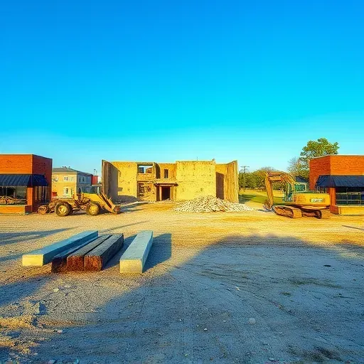 Demolition site in Florence SC with cleared debris, heavy machinery, and exposed beams under a clear blue sky.