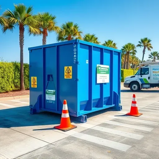 Clean Myrtle Beach dumpster rental area with blue dumpster, safety cones, service truck, lush greenery, and coastal atmosphere