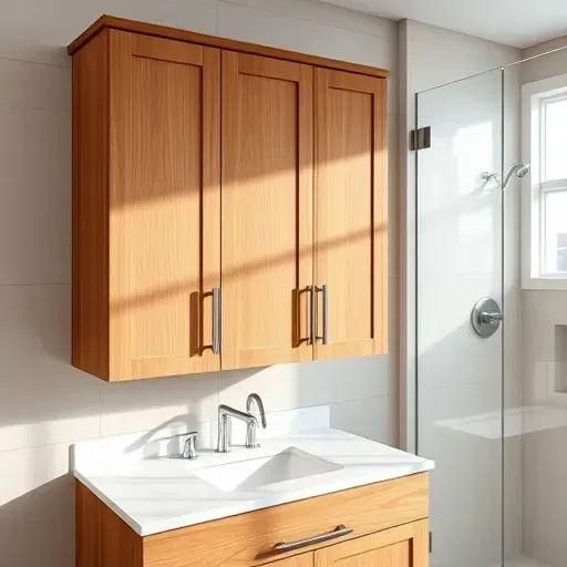 Beautiful wooden bathroom vanity with marble countertop, sleek hardware, modern fixtures, and neutral tiles in Charleston