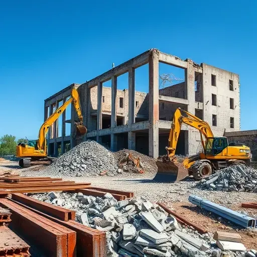 Demolition site in North Augusta SC with organized rubble construction equipment and clear blue sky emphasizing progress.
