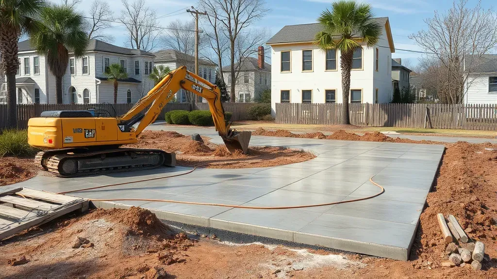 Concrete slab removal project in Charleston SC showcasing workers and equipment in action