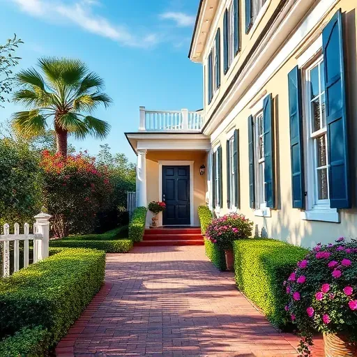 Renovated Charleston home exterior with vibrant painted siding, lush landscaping, brick pathway, and clear blue sky