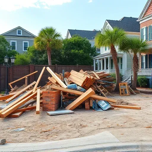 Aftermath of a house demolition in Charleston SC, showcasing a cleared lot with organized debris and a serene neighborhood.