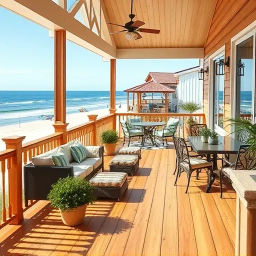 Beautiful Myrtle Beach deck with hardwood flooring, stylish railing, outdoor furniture, potted plants, ocean view and coastal scenery
