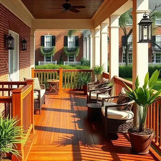 Beautiful Charleston porch with polished wood deck, plush seating, potted plants, lanterns, and historic brick surroundings