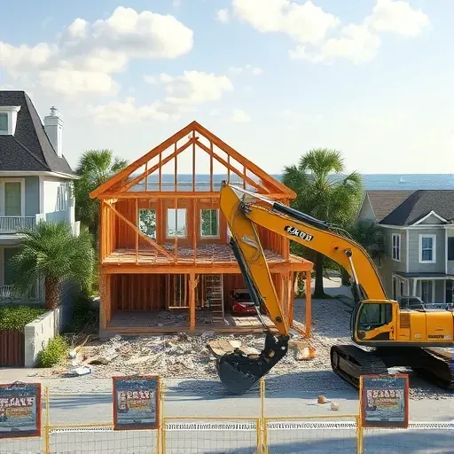 Demolition site in Charleston SC featuring a partially torn-down house, debris, and excavator, framed by lush greenery.