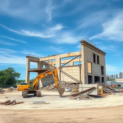 Completed demolition site in Five Forks SC featuring steel and concrete debris with heavy machinery under a blue sky.