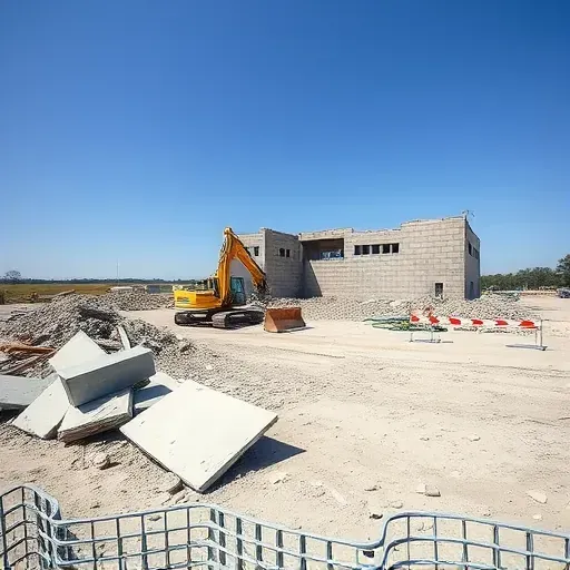 Demolition site in Conway SC with cleared debris, concrete slabs, and construction tools against a blue sky.