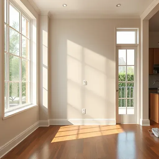 Pristine drywall and freshly painted neutral interior wall in a modern Charleston home with natural light and Southern garden views