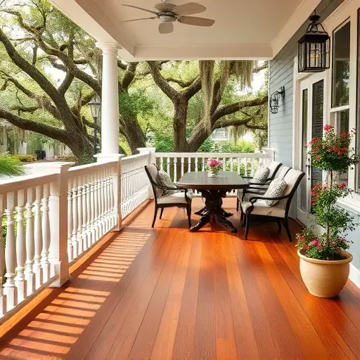 Beautiful Charleston porch with hardwood deck, white railings, outdoor furniture, lush greenery, Spanish moss, and southern charm