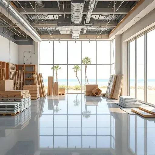 Spacious open-concept interior after demolition in Myrtle Beach with exposed beams, organized tools, and coastal views