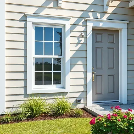 Freshly installed modern window and door in Charleston SC with sleek frames, durable siding, lush landscaping, and Southern charm