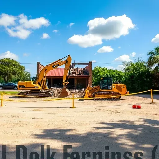 Cleared demolition site in Mount Pleasant, SC, with heavy machinery, caution tape, and blue sky with clouds.