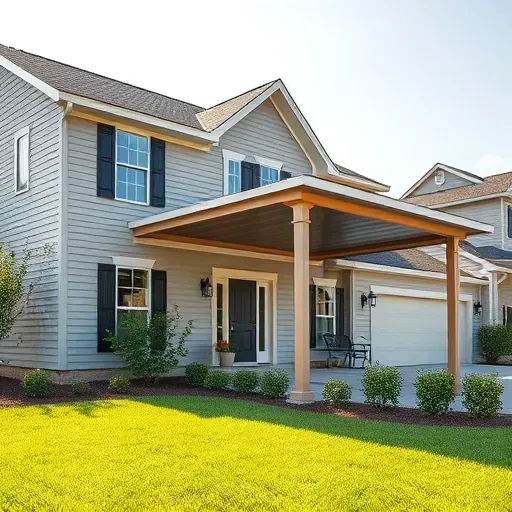 Modern Charleston home with textured gray beige fiber cement siding and matching carport under clear skies