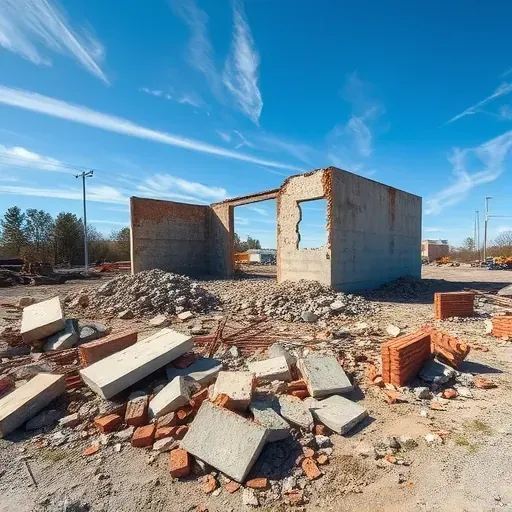 Demolition site in Red Hill SC showing debris, concrete slabs, rusty rebar, and equipment against a clear sky.