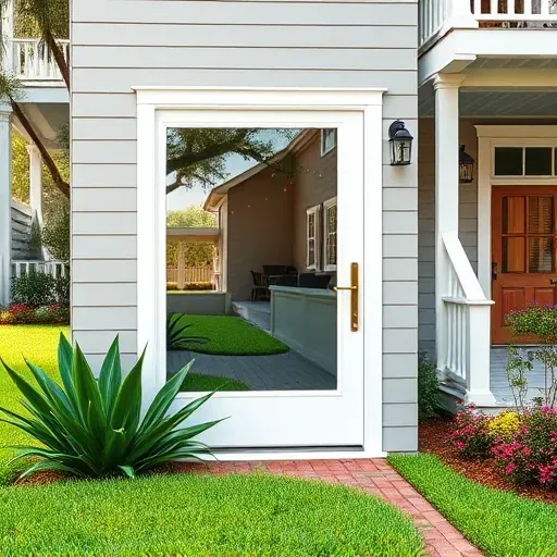 Beautifully installed modern window and door on a Charleston home with reflective glass, lush landscaping, and historic architecture